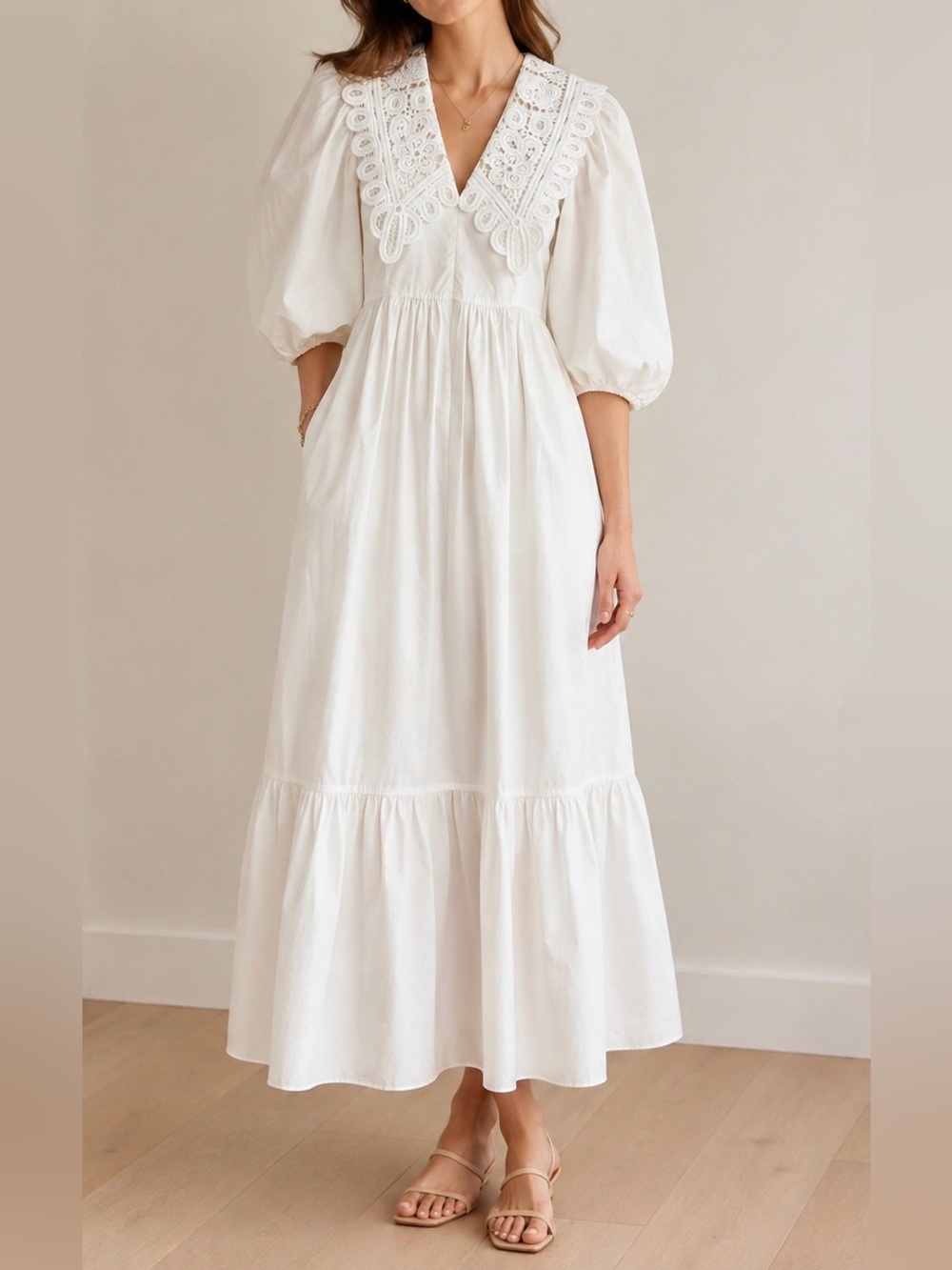 Hunter Bell Mercer Dress XS White Lace Collar Puff Sleeve Maxi Cottagecore